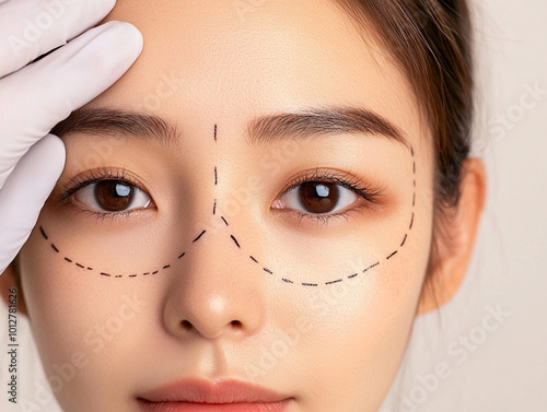 Beautiful asian woman receives anti wrinkle beauty injection for facial rejuvenation and wrinkle removal. Facial mesotherapy, eye wrinkle injection