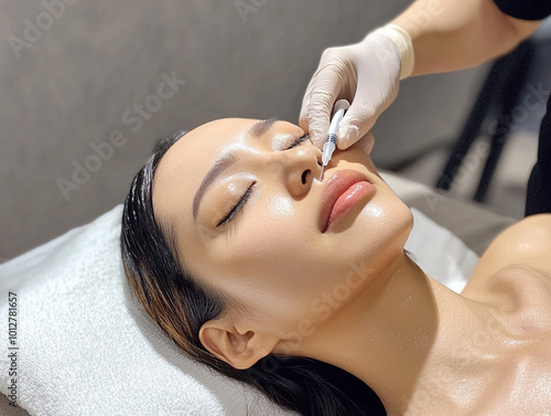 Beautiful asian woman receives anti wrinkle beauty injection for facial rejuvenation and wrinkle removal. Facial mesotherapy, eye wrinkle injection