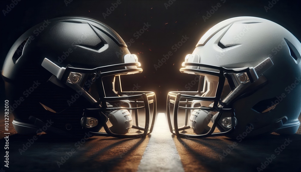 A striking image of two football helmets, black and white, symbolizing competition and sportsmanship. Perfect for sports marketing, events, and team branding. A striking image of two football helmets, black and white, symbolizing competition and sportsmanship. Perfect for sports marketing, events, and team branding.