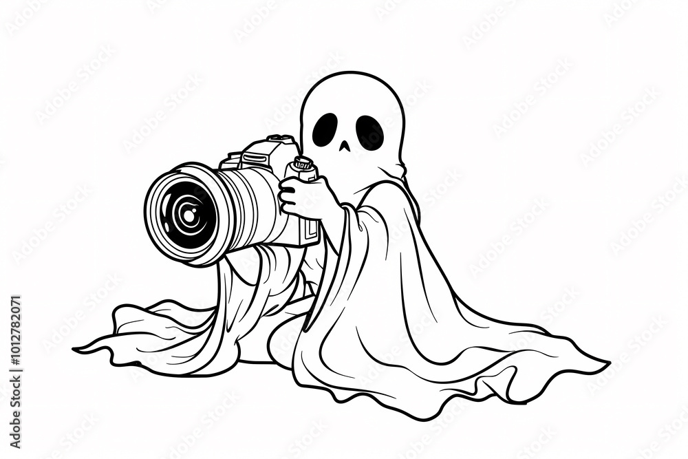 Fototapeta premium A playful ghost character wrapped in a white sheet, holding a camera, ready to capture spooky moments.