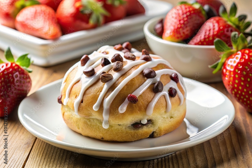 Freshly baked bun with white icing and chocolate chips on plate with strawberries Freshly baked bun with white icing and chocolate chips on plate with strawberries