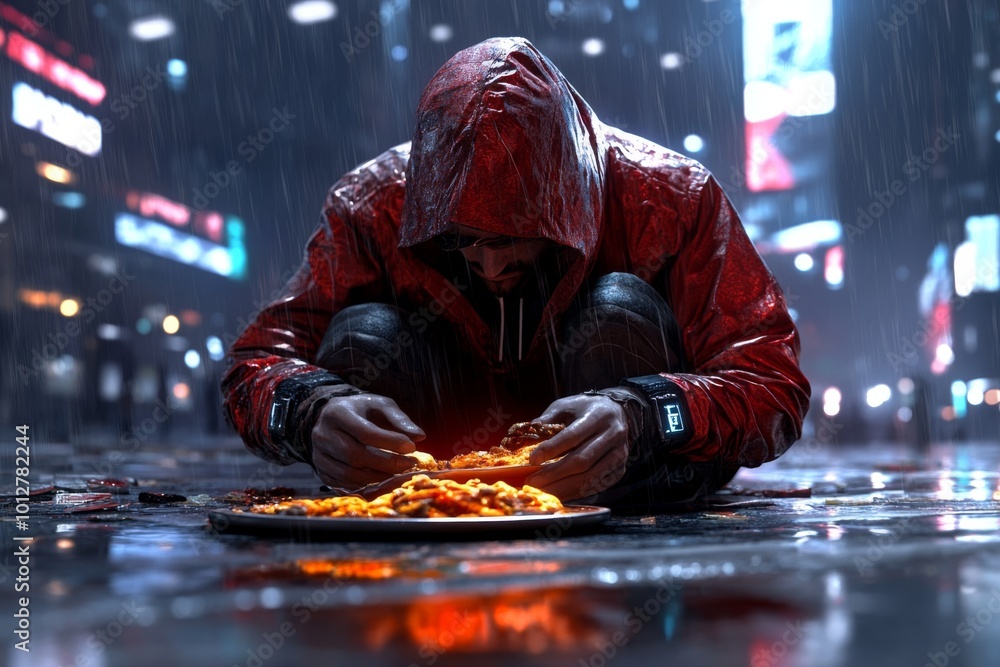 Surviving in a futuristic world shown by a homeless figure scavenging for food in a dystopian cyberpunk city Surviving in a futuristic world shown by a homeless figure scavenging for food in a dystopian cyberpunk city