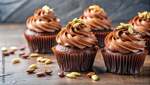 Freshly baked chocolate cupcakes with fudge icing and almonds