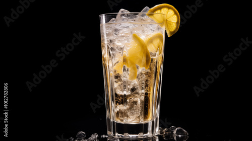 Lamonade in a clear tall glass with ice isolated on black background.