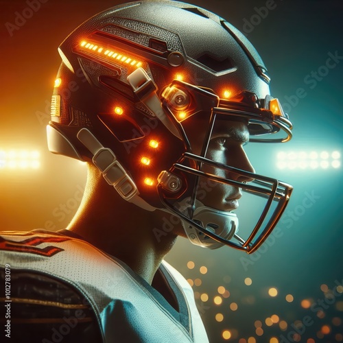 A futuristic football helmet featuring integrated lights, symbolizing innovation in sports technology and player safety for an electrifying game experience. photo