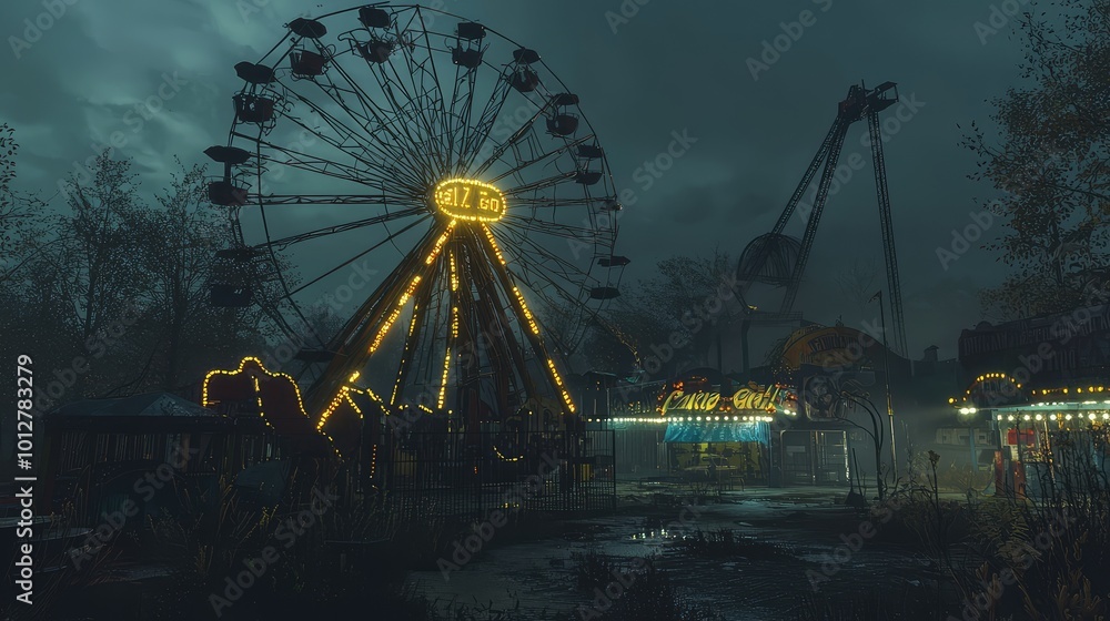 A dark, atmospheric scene of a ferris wheel at an abandoned amusement park, illuminated by flickering lights. A dark, atmospheric scene of a ferris wheel at an abandoned amusement park, illuminated by flickering lights.
