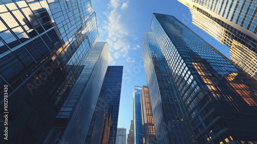 Wallpaper Mural A low angle view of a city skyline with tall buildings reaching for the sky. Torontodigital.ca