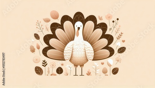 A whimsical, illustrated turkey surrounded by autumnal elements, perfect for Thanksgiving themed projects, invitations, or decorations. photo