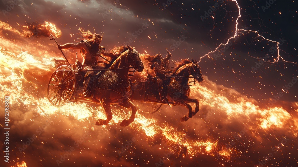 Fototapeta premium A dramatic scene of a fiery chariot racing through a stormy sky, showcasing the power and energy of mythical forces.