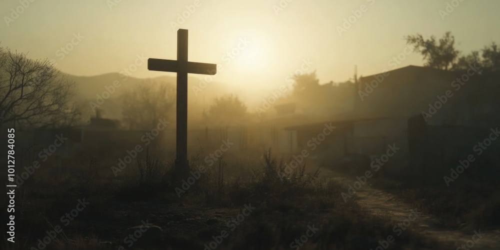 Cross in the countryside at sunrise. Soft morning light. Cross in the countryside at sunrise. Soft morning light.