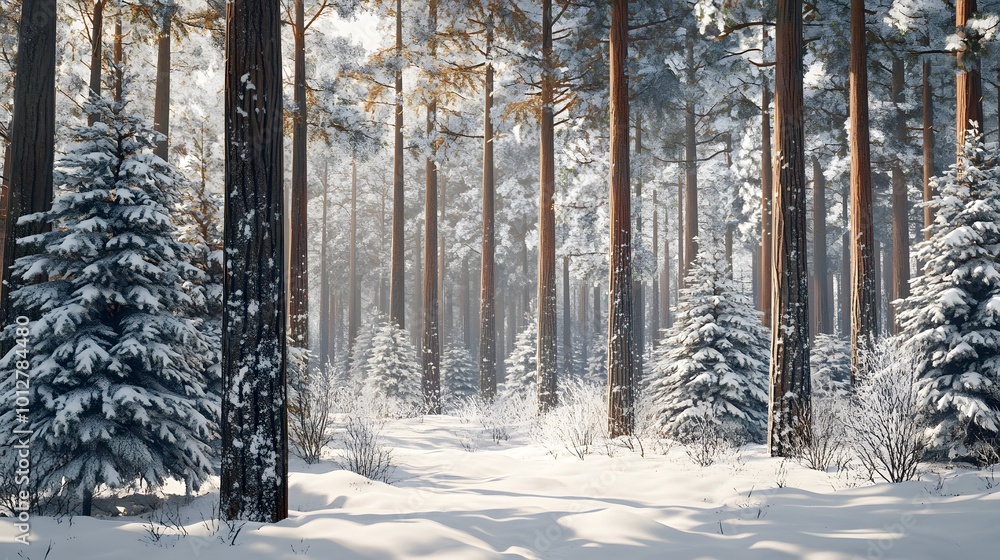 Snowy forest landscape with tall trees and snow-covered ground. Snowy forest landscape with tall trees and snow-covered ground.