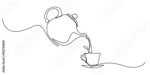 one continuous line drawing of a teapot pouring tea.one line drawing of a teapot.serving tea guest dishes,cafe,health tea.single line vector illustration.isolated white background