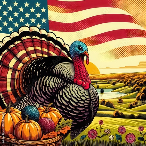 Celebrate Thanksgiving with this vibrant, artistic depiction of a turkey alongside seasonal pumpkins and a waving American flag, perfect for festive marketing materials. photo