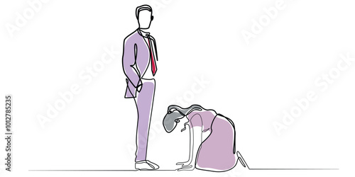 line art drawing of a woman prostrating herself at the feet of a man.vector line art of a woman apologizing to a man. one line vector illustration. isolated white background