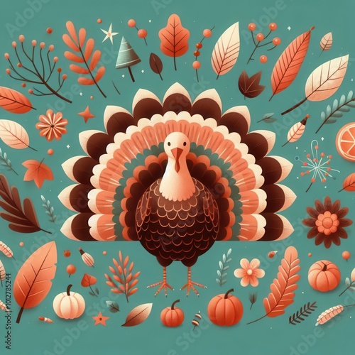 Celebrate fall with this whimsical turkey illustration, surrounded by vibrant autumn leaves and pumpkins, perfect for Thanksgiving-themed designs. photo