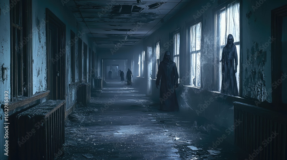 A haunting interior of an abandoned hallway shrouded in darkness and mystery, evoking eerie emotions and a sense of foreboding. A haunting interior of an abandoned hallway shrouded in darkness and mystery, evoking eerie emotions and a sense of foreboding.