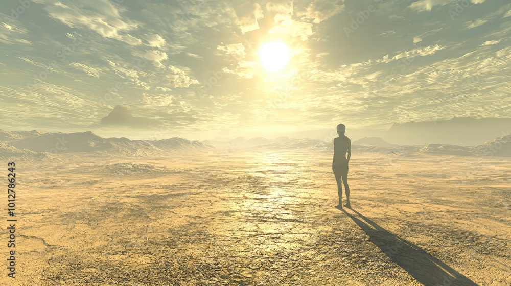 A lone figure stands in a vast landscape, silhouetted against a bright sun and dramatic clouds, evoking feelings of solitude and wonder. A lone figure stands in a vast landscape, silhouetted against a bright sun and dramatic clouds, evoking feelings of solitude and wonder.