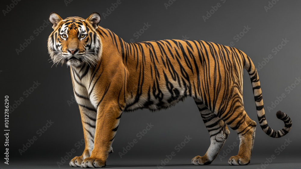 Fototapeta premium A close-up picture of a Bengal tiger, standing alone against a dark gray backdrop.