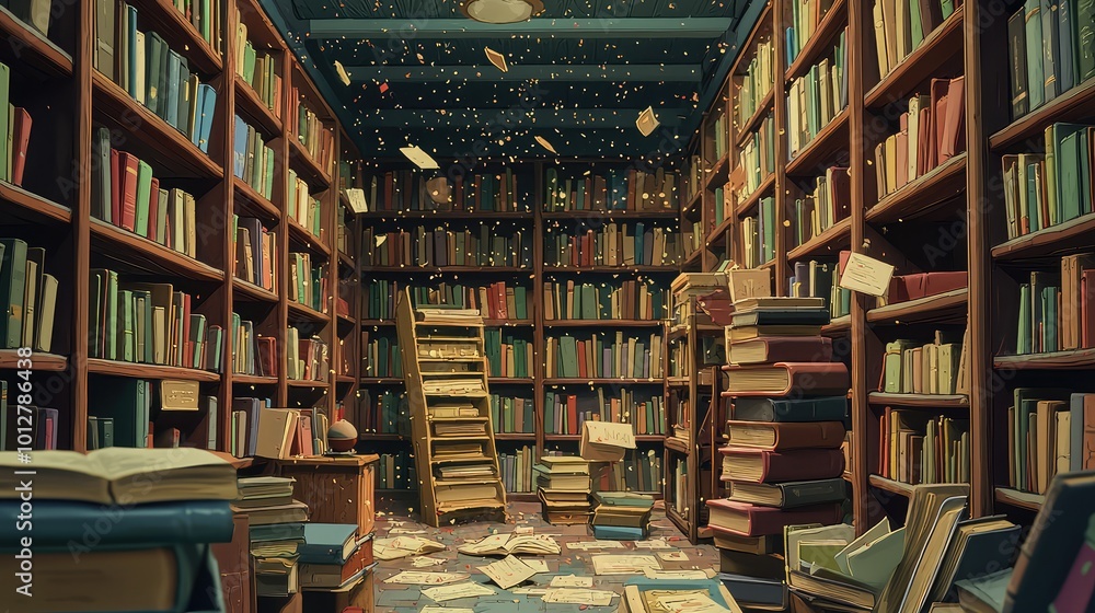 Obraz premium A magical library filled with colorful books, scattered pages, and enchanting atmosphere, perfect for literature and knowledge themes.