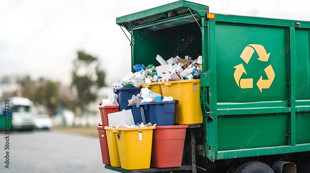Recycling truck filled with colorful bins of recyclable materials, showcasing community efforts in waste management and environmental sustainability Recycling truck filled with colorful bins of recyclable materials, showcasing community efforts in waste management and environmental sustainability