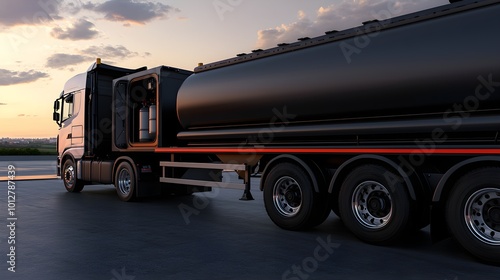 Tanker truck with open compartment displaying cargo, industrial setting, metal construction, operational features highlighted, transportation focus.