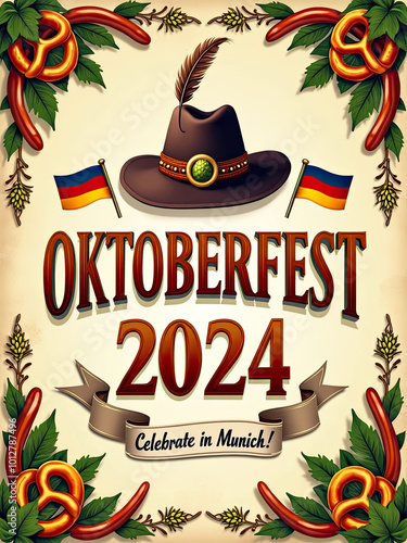 Oktoberfest 2024 Poster with Bavarian Hat, Sausages, Pretzels, and Flags, Munich Celebration Design
 photo