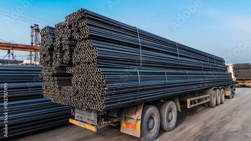 Transport truck loaded with neatly stacked steel rebar, showcasing industrial logistics and construction materials in transit. photo