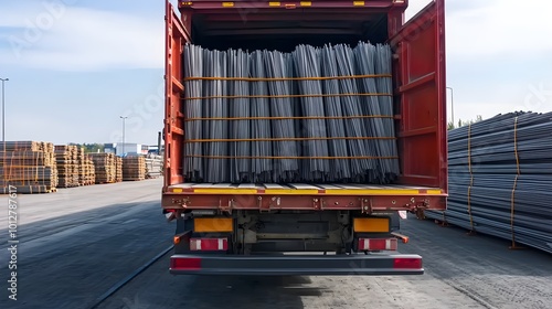 Transport truck with open rear, loaded with bundles, showcasing cargo logistics in urban setting, emphasizing efficiency and utility.