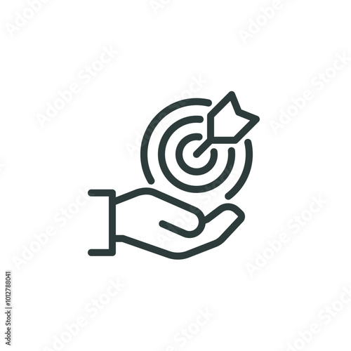 Objective vision, success strategy, aim, business mission, outline icon. Line sign human hand holding target with arrow. Vector isolated pictogram for web and app on white background editable stroke.