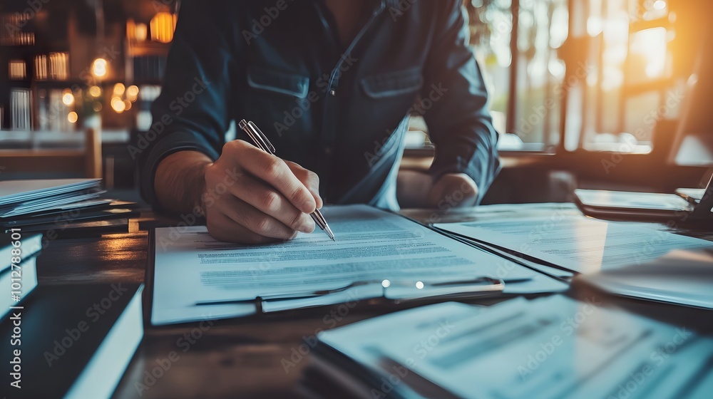 A lawyer reviews business contracts at a desk filled with legal books, emphasizing accuracy in documentation for joint financial investments A lawyer reviews business contracts at a desk filled with legal books, emphasizing accuracy in documentation for joint financial investments