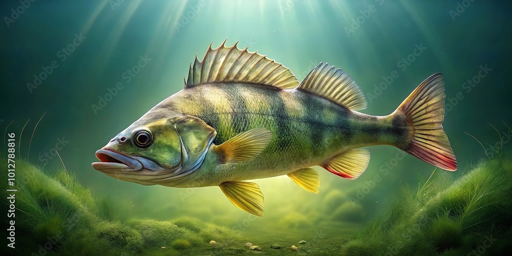 Fototapeta premium Freshwater perch trophy fish swimming in water on green background