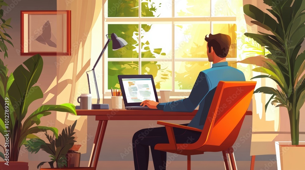 Man working on laptop in home office. Man working on laptop in home office.