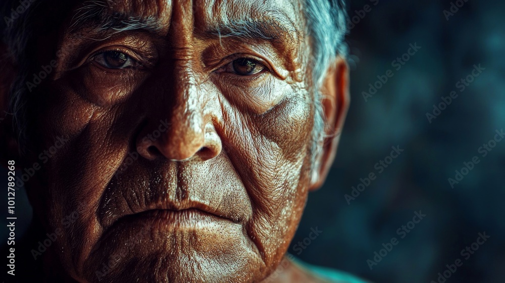 A hyper-detailed close-up of a wise Mayan man, his deep eyes locked in a powerful front shot, illuminated subtly against a dark A hyper-detailed close-up of a wise Mayan man, his deep eyes locked in a powerful front shot, illuminated subtly against a dark