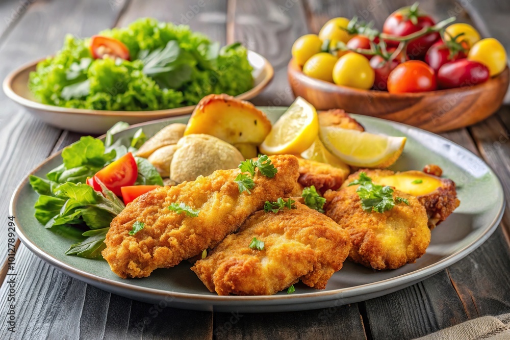 Fried chicken fillet with potatoes, bread, salad on plate Fried chicken fillet with potatoes, bread, salad on plate