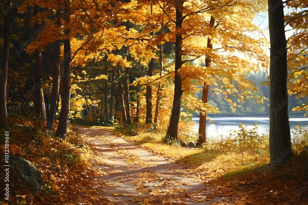 Obraz premium Serene autumn path by a lake surrounded by colorful foliage.