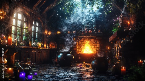 A mystical potion room filled with glowing candles, bubbling cauldrons, and enchanting herbs in a cozy atmosphere. photo