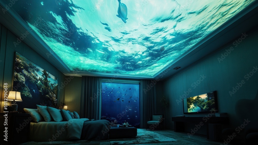 Bedroom with Underwater Themed Ceiling Bedroom with Underwater Themed Ceiling