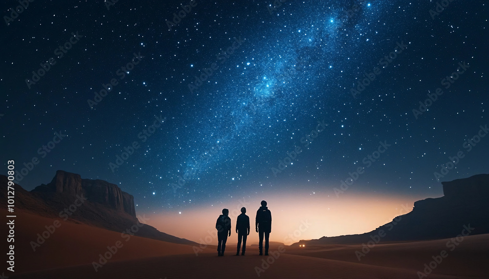 Obraz premium Photograph people in the wilderness at night with the Milky Way or stars above them, focusing on the contrast between the vast sky and human presence