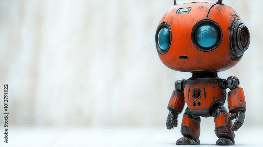 A small, cute robot with a red and black design stands on a surface. A small, cute robot with a red and black design stands on a surface.