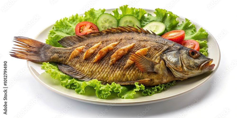 Fried tilapia dish served with fresh vegetables on a white plate Fried tilapia dish served with fresh vegetables on a white plate