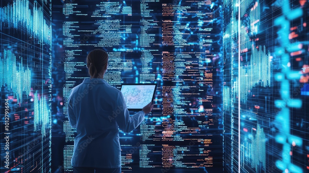 A professional analyzing data on a laptop in a futuristic digital environment filled with vibrant screens and code. A professional analyzing data on a laptop in a futuristic digital environment filled with vibrant screens and code.