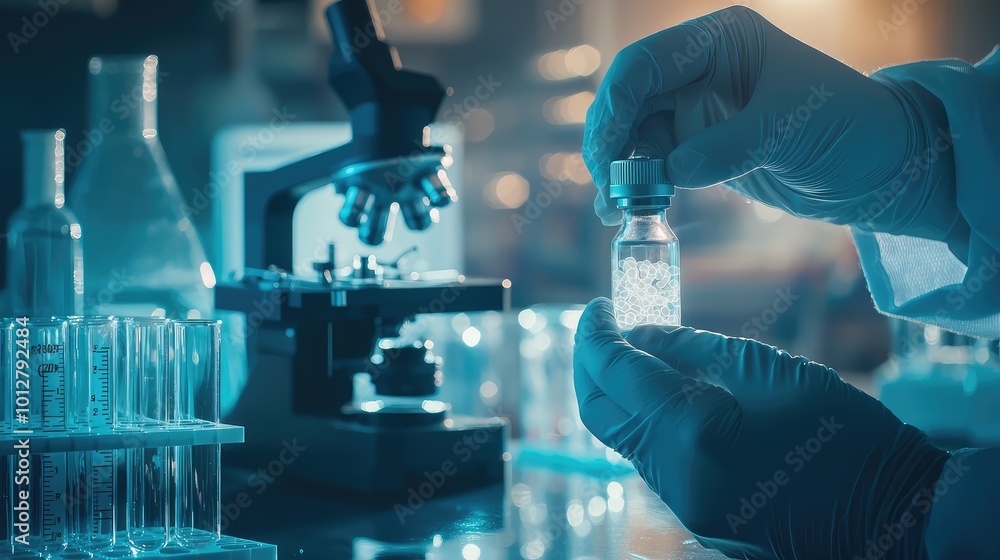 A scientist in a lab examines a vial of liquid under a microscope, illustrating modern research and scientific exploration. A scientist in a lab examines a vial of liquid under a microscope, illustrating modern research and scientific exploration.