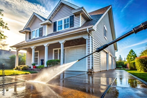 Front view of pressure washer cleaning exterior of house