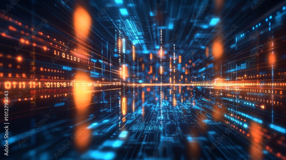 Fototapeta premium A futuristic digital scene with glowing lines and data streams, creating a sense of speed and depth in a technological environment.