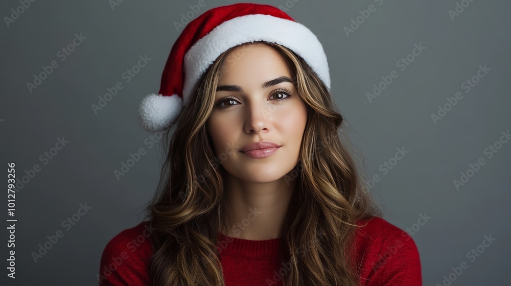 Woman with Christmas hat, gray background. Woman with Christmas hat, gray background.