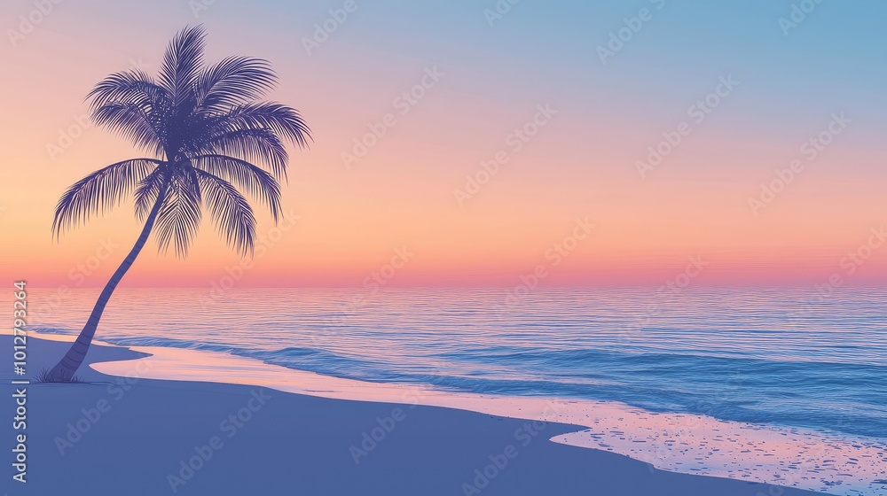 A serene beach scene at sunset, featuring a lone palm tree against a pastel sky and calm ocean waves, perfect for relaxation. A serene beach scene at sunset, featuring a lone palm tree against a pastel sky and calm ocean waves, perfect for relaxation.