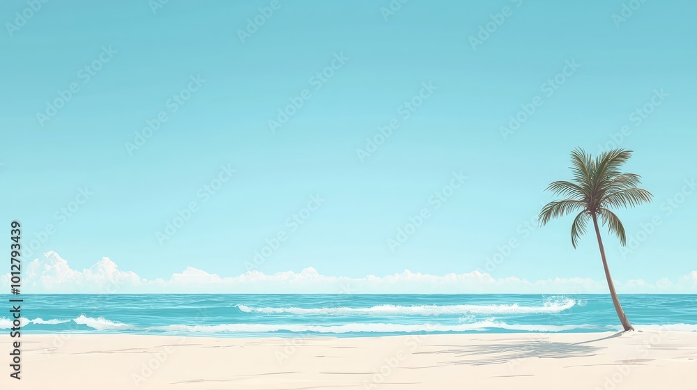 Fototapeta premium A serene beach scene featuring a solitary palm tree under a clear blue sky, perfect for relaxation and tropical vibes.