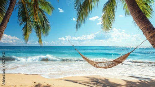 A serene beach scene featuring a hammock between palm trees, soft waves, and a bright blue sky, perfect for relaxation and escape.