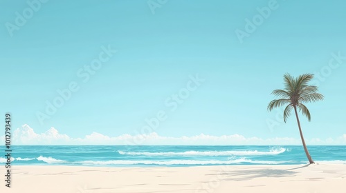 A serene beach scene featuring a solitary palm tree under a clear blue sky, perfect for relaxation and tropical vibes.