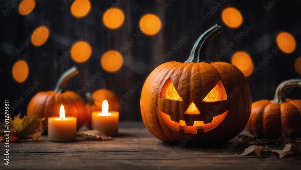 Fototapeta premium Carved jack-o'-lantern with glowing face, surrounded by warm lighting and pumpkins